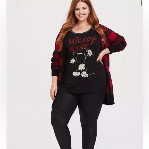 TORRID DISNEY Red & Black Buffalo Plaid Mickey Mouse Cardigan Plus Size - Picture 4 of 7